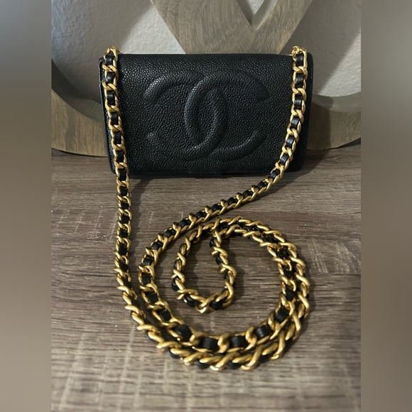 ⚜️🖤Chanel Caviar Timeless Wallet with Chain Chunky Vintage Gold Tone Crossbody - Picture 3 of 16